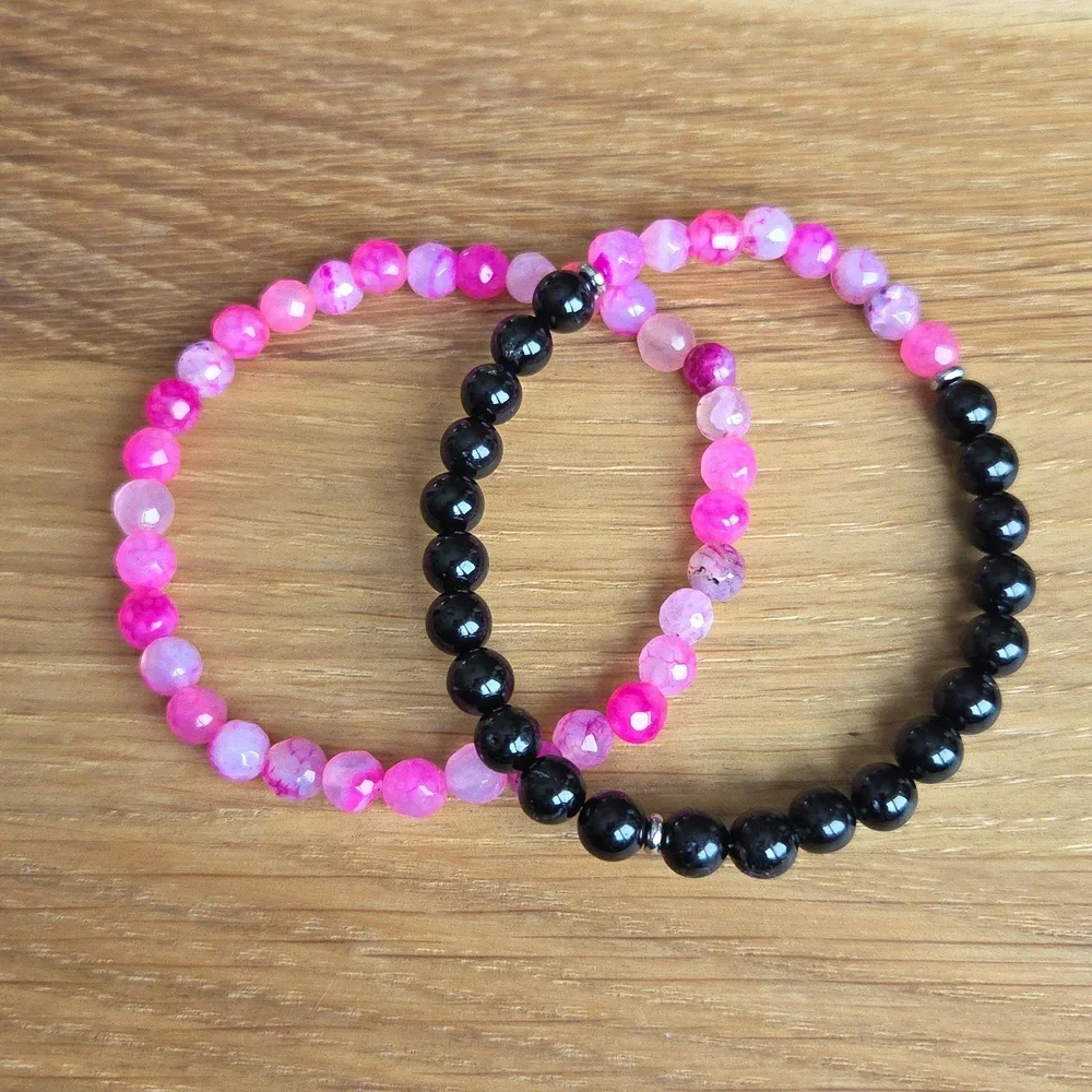 Pink Botswana Agate & Black Onyx Beads Bracelet Set, Stretch, Hand Crafted - Picture 7 of 9